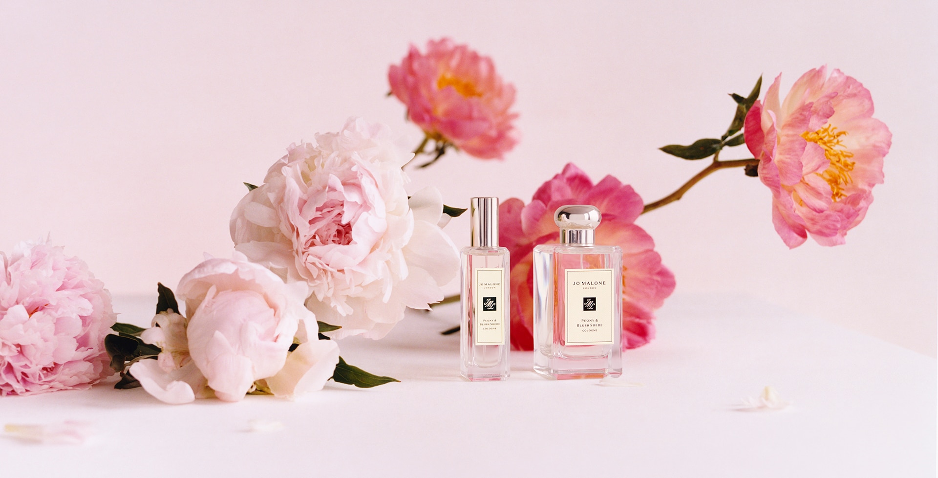 Jo Malone London Peony & Blush Suede Cologne 30ml and 100ml with peony flowers